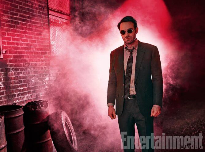 The Defenders, Charlie Cox (as Daredevil), photographed for Entertainment Weekly on December 10th, 2016, by Finlay Mackay in Brooklyn, New York. Costume Designer: Stephanie Maslansky, Wardrobe Supervisor: Pahelle Latino, Makeup Head: Sarit Klein, Key Makeup Artist: Kaela Dobson, Hair Department Head: Pamela May, FX Makeup: Brian Spears, Prop Stylist: Charlot Malmlof